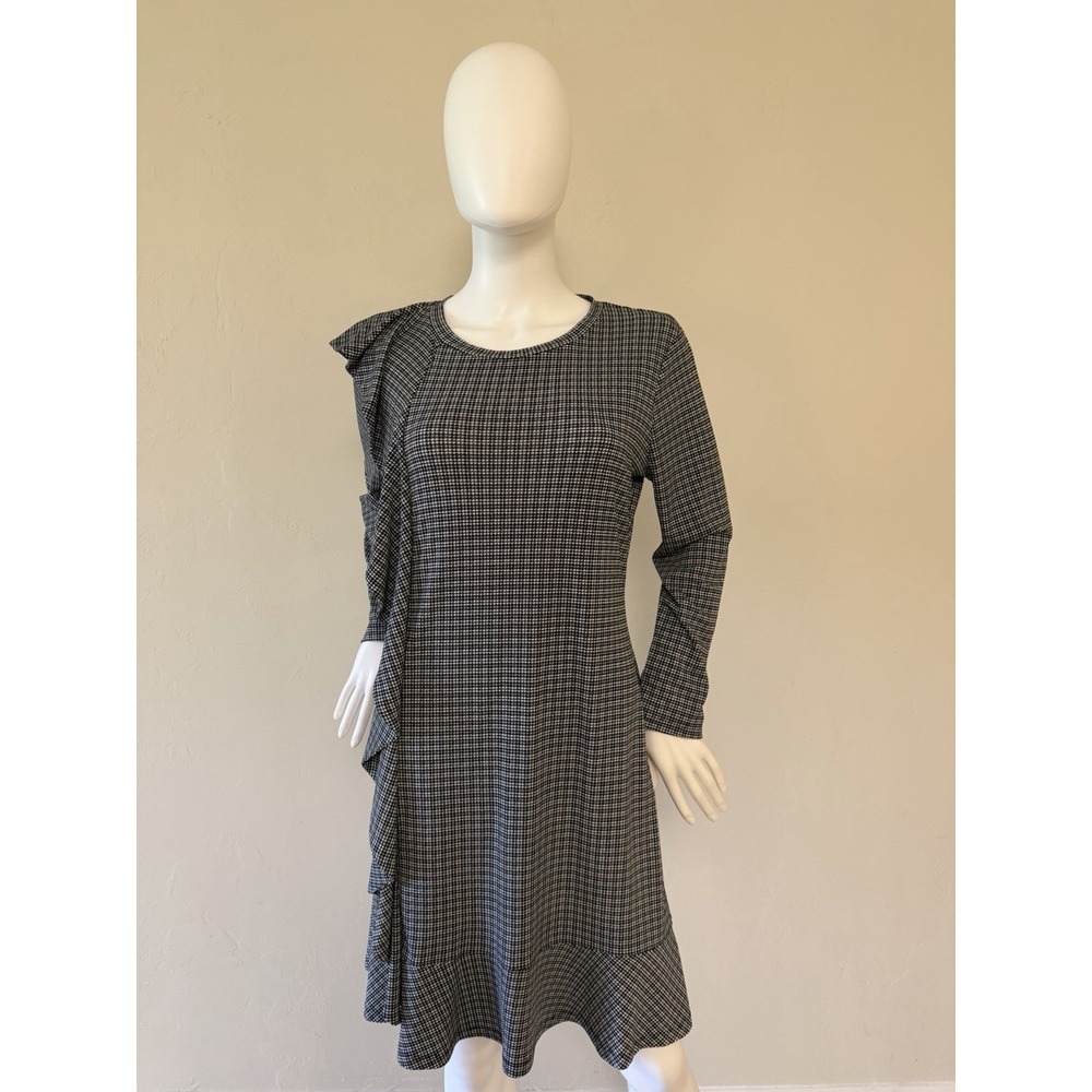 Michael Kors Houndstooth Ruffle Knit A-Line Dress Black White Long‎ Sleeve L